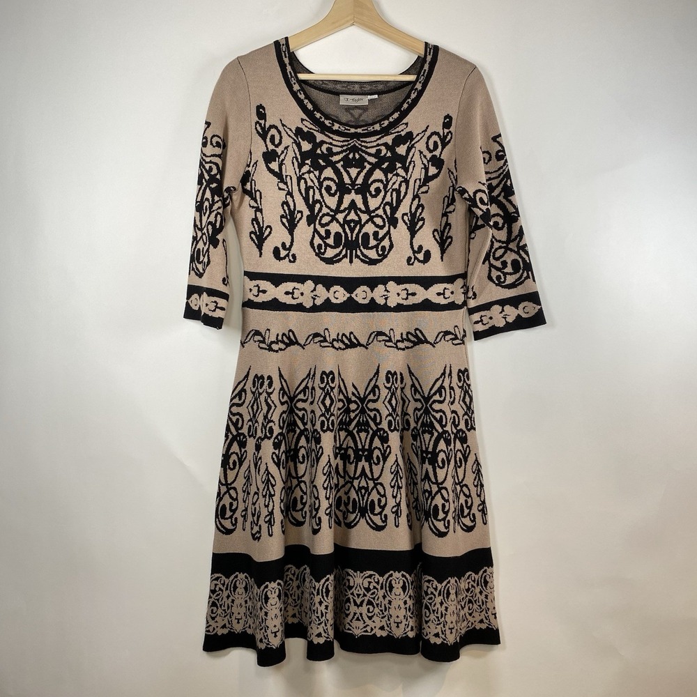 J Taylor Womens Knit Sweater 3/4 Sleeve Dress Sz L Tan A-Line Ornamental Floral